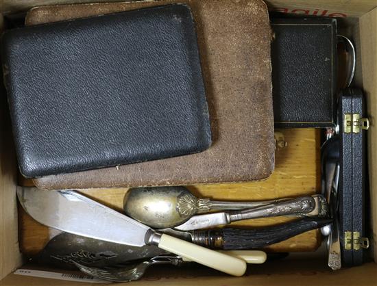A box of miscellaneous plated cased sets of cutlery